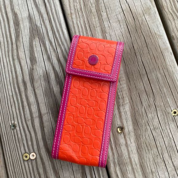 Coach Orange Lard Pink Monogram Leather Snap Glasses Holder/ Pencil Holder RARE - Picture 1 of 11
